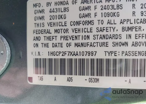 2010 Honda Accord 2.4 Ex из США, поврежденный, VIN 1HGCP2F7XAA107997